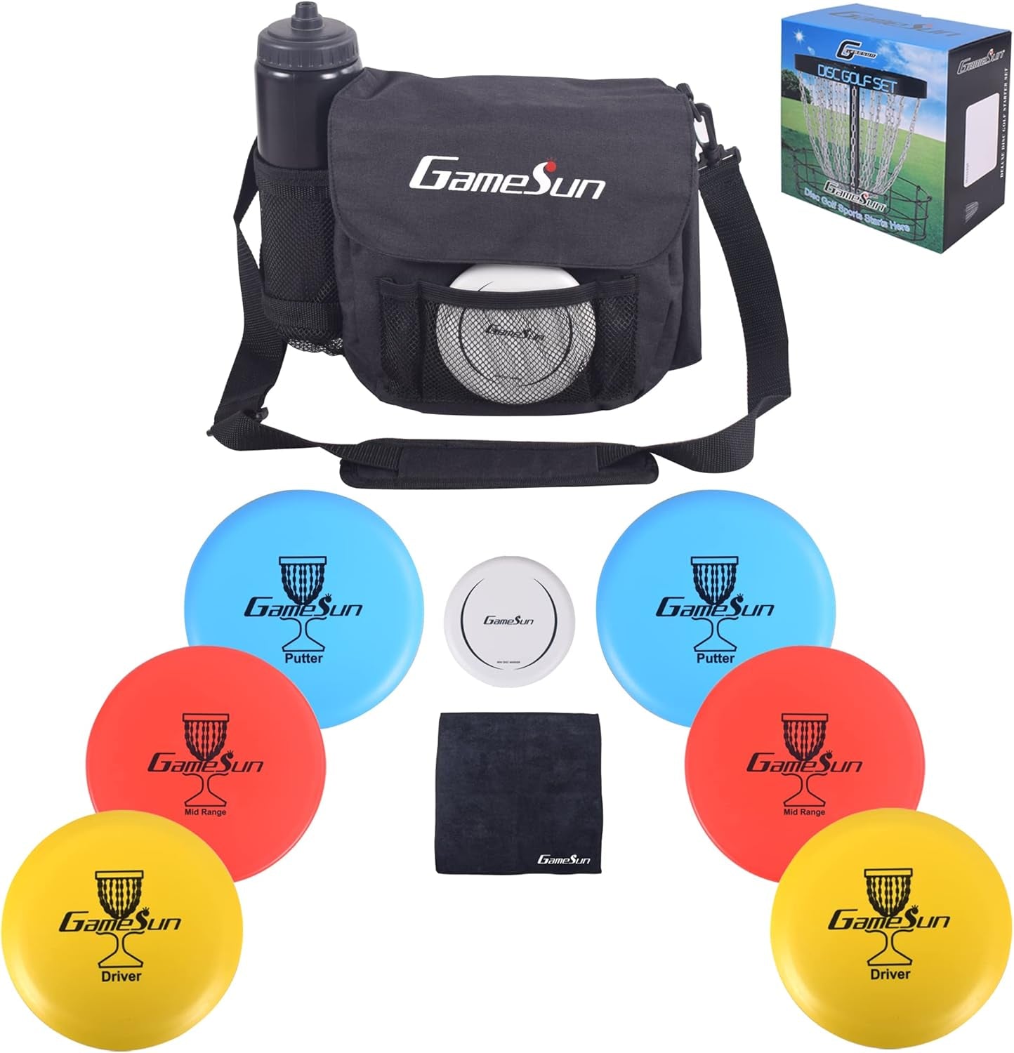 DISC Golf Set-Includes 1Pc Heavy Duty Nylon Carry Bag, 2Pcs Drivers, 2Pcs Mid-Ranges, 2Pcs Putters, 1Pc Mini Disc Marker, 1Pc 12”X12” Embroider Logo Black Towel and 1Pc Gift Color Box